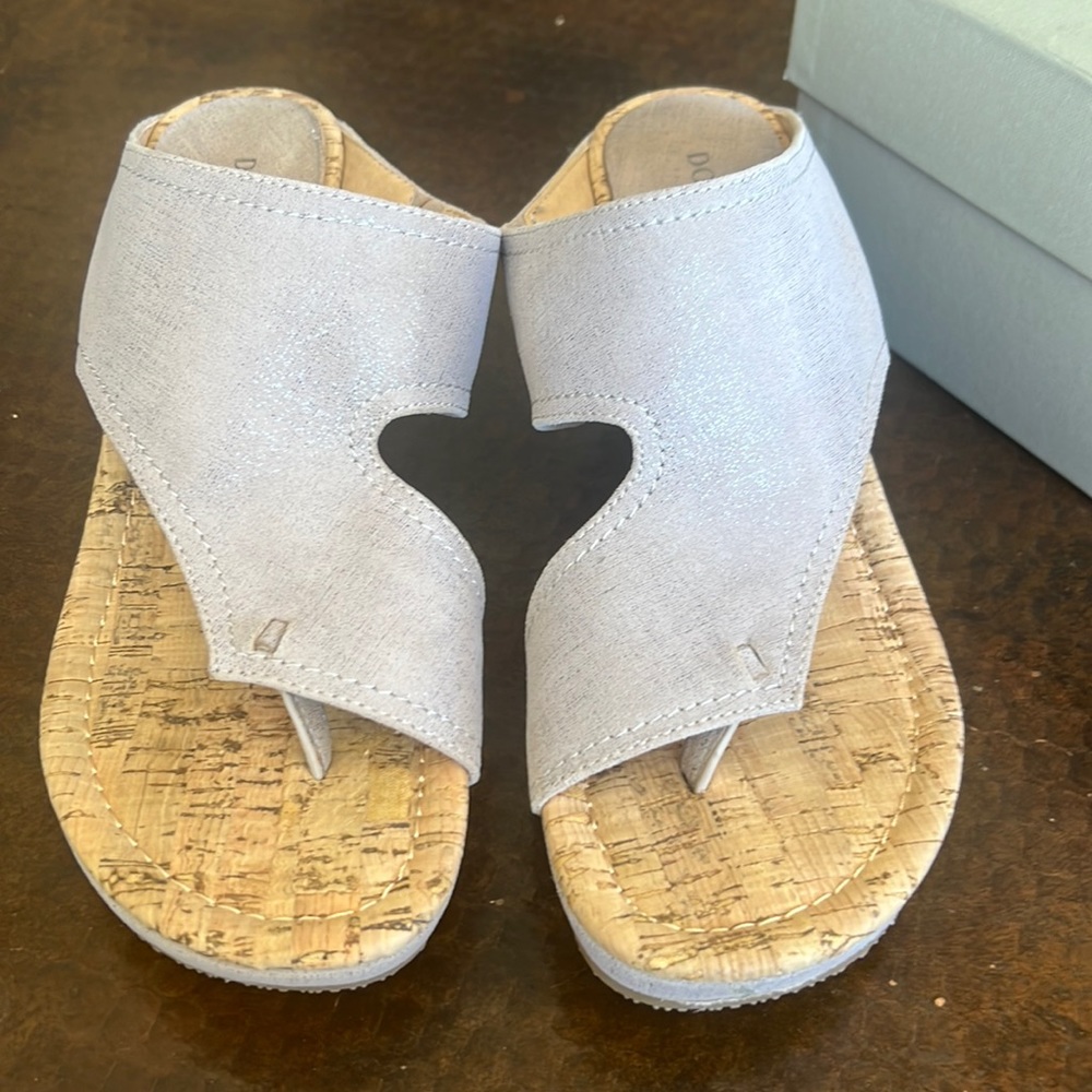 Donald plainer distressed metallic mushroom colored wedge heel sandal.